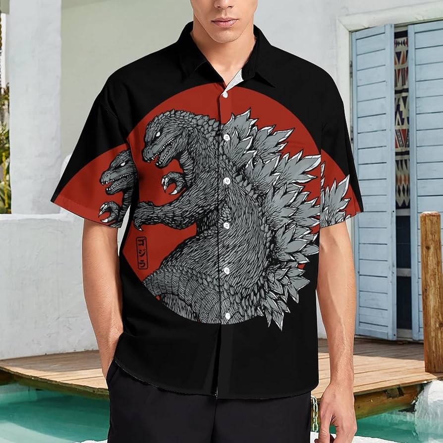 Amazon.co.jp: シャツ メンズ 半袖 ゴジラ 怪獣王 ビーチシャツ ボタン